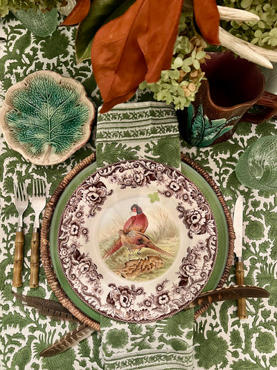 Birds of a Feather Green Bird Block Print Tablecloth