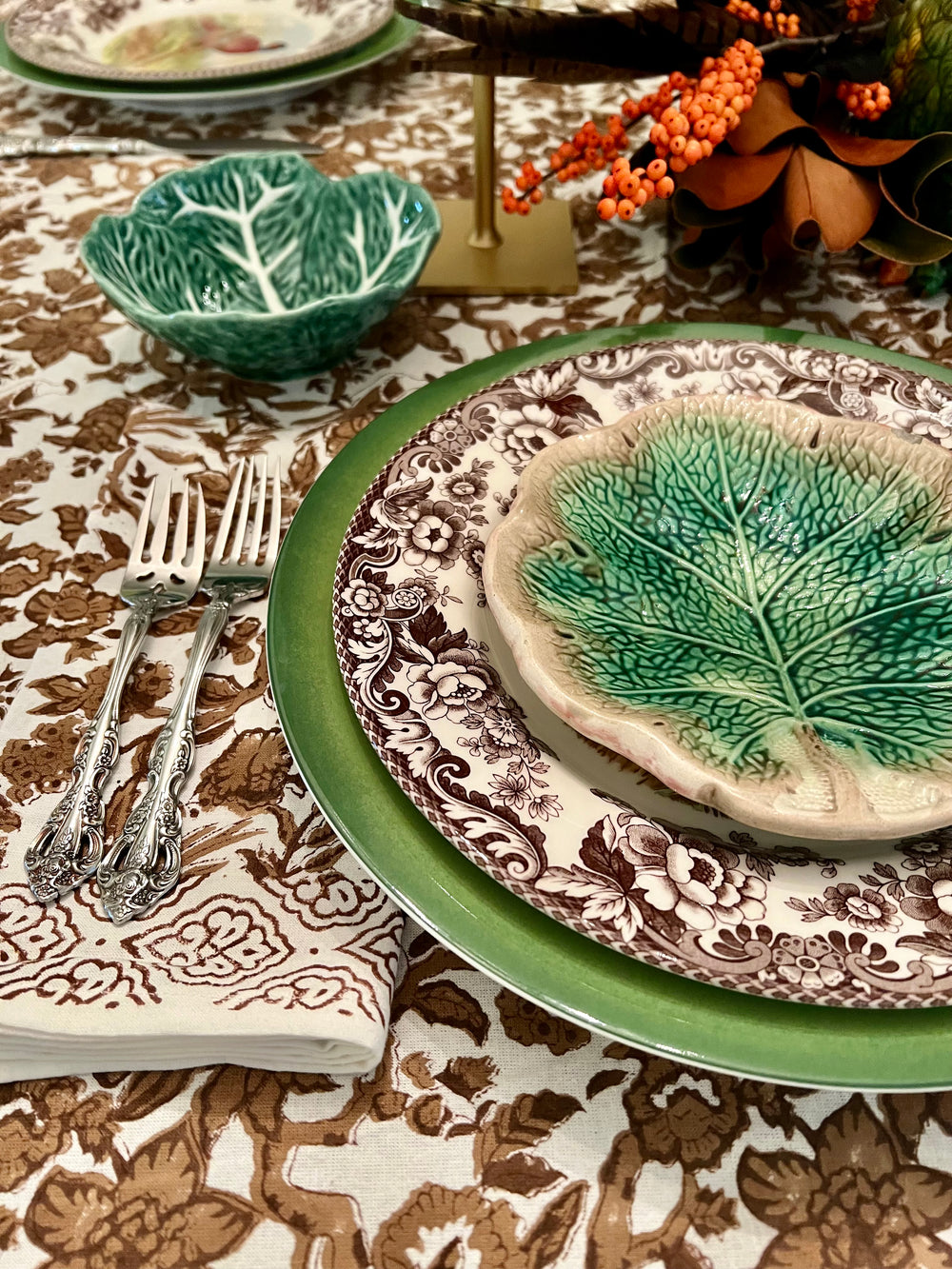 Chestnut Garden Brown & White Floral Block Print Tablecloth |  Tablecloth - Miss Madigan | Women's Fashion Boutique