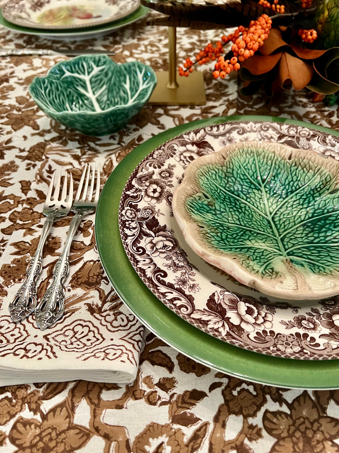Chestnut Garden Brown &amp; White Floral Block Print Tablecloth |  Tablecloth - Miss Madigan | Women&