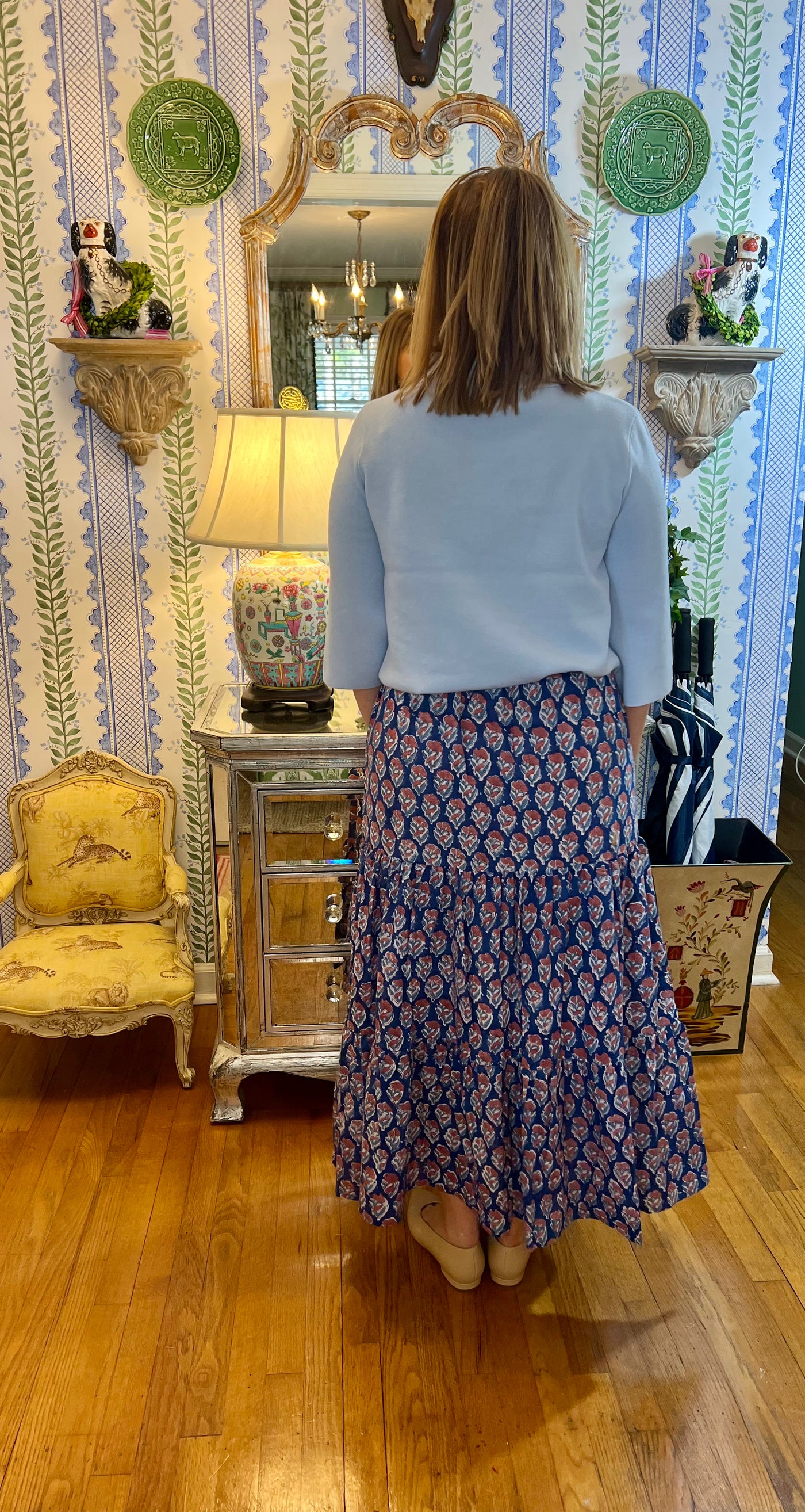 Maria Floral Block Print Maxi Skirt in Blue