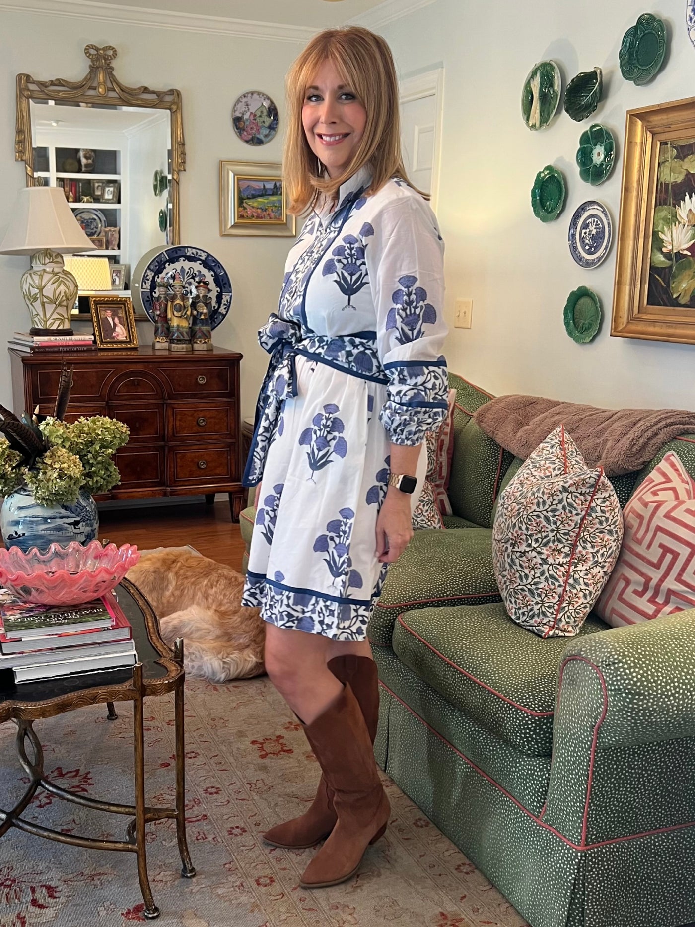 Emma Marigold Block Print Mini Dress in Navy