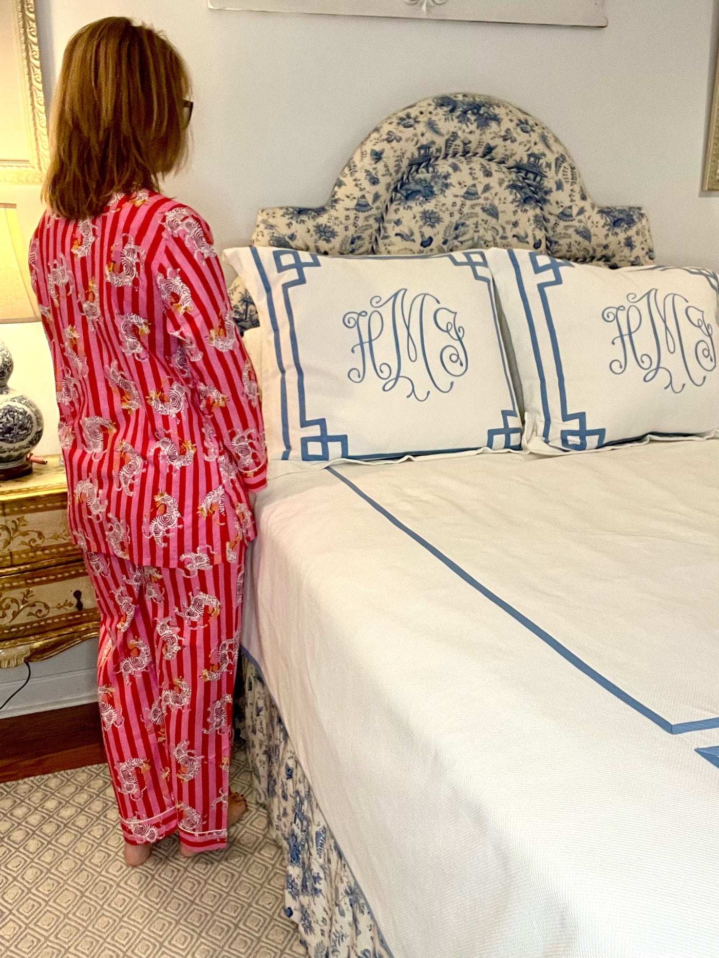 Dancing Tiger Blockprint Pajama Set in Pink & Red