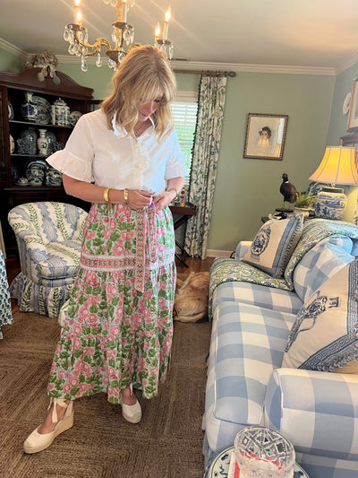 Maria Floral Block Print Maxi Skirt in Geranium