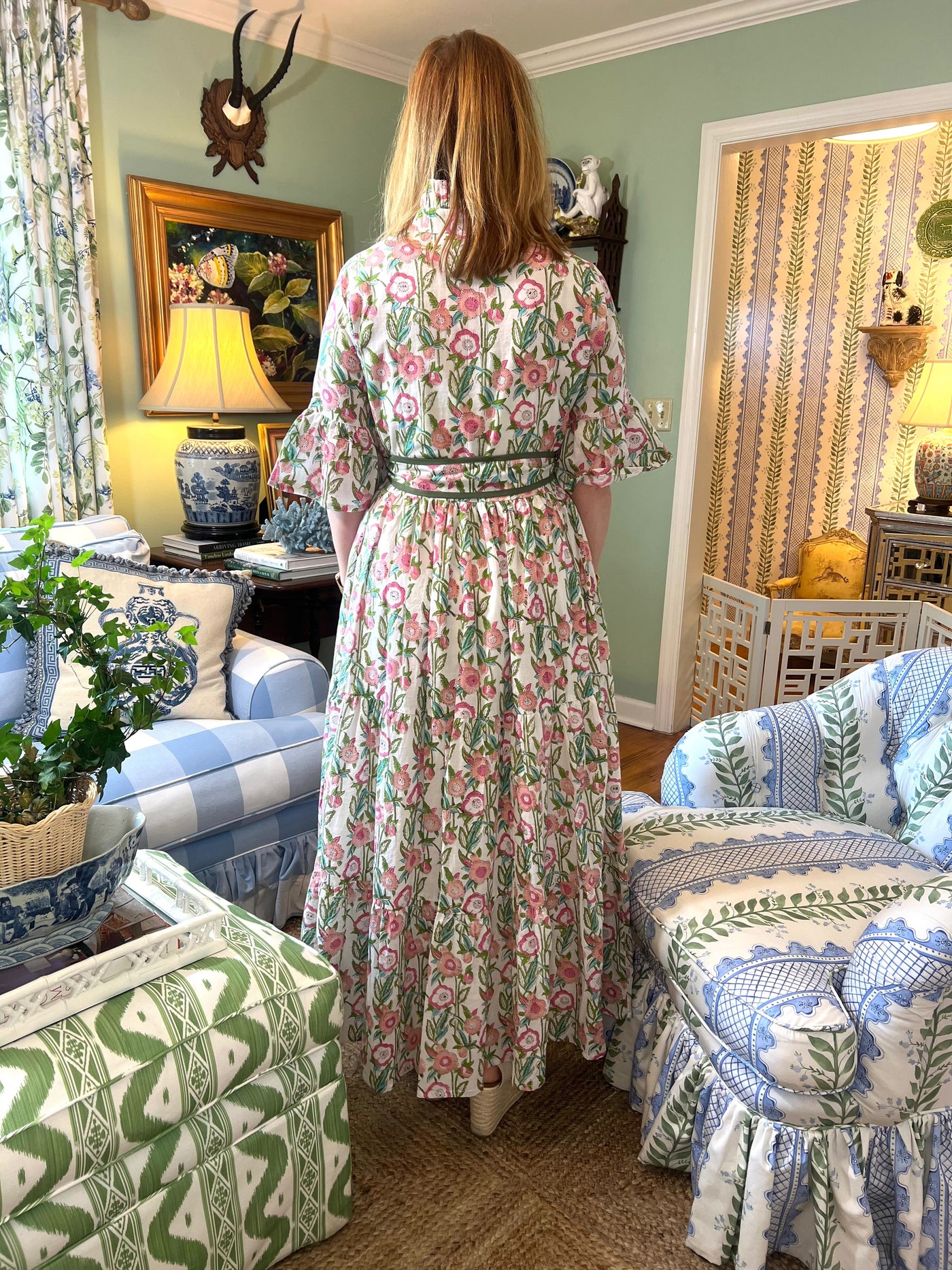 Caroline Ruffled Collar Blockprint Maxi Dress in Pink Floral