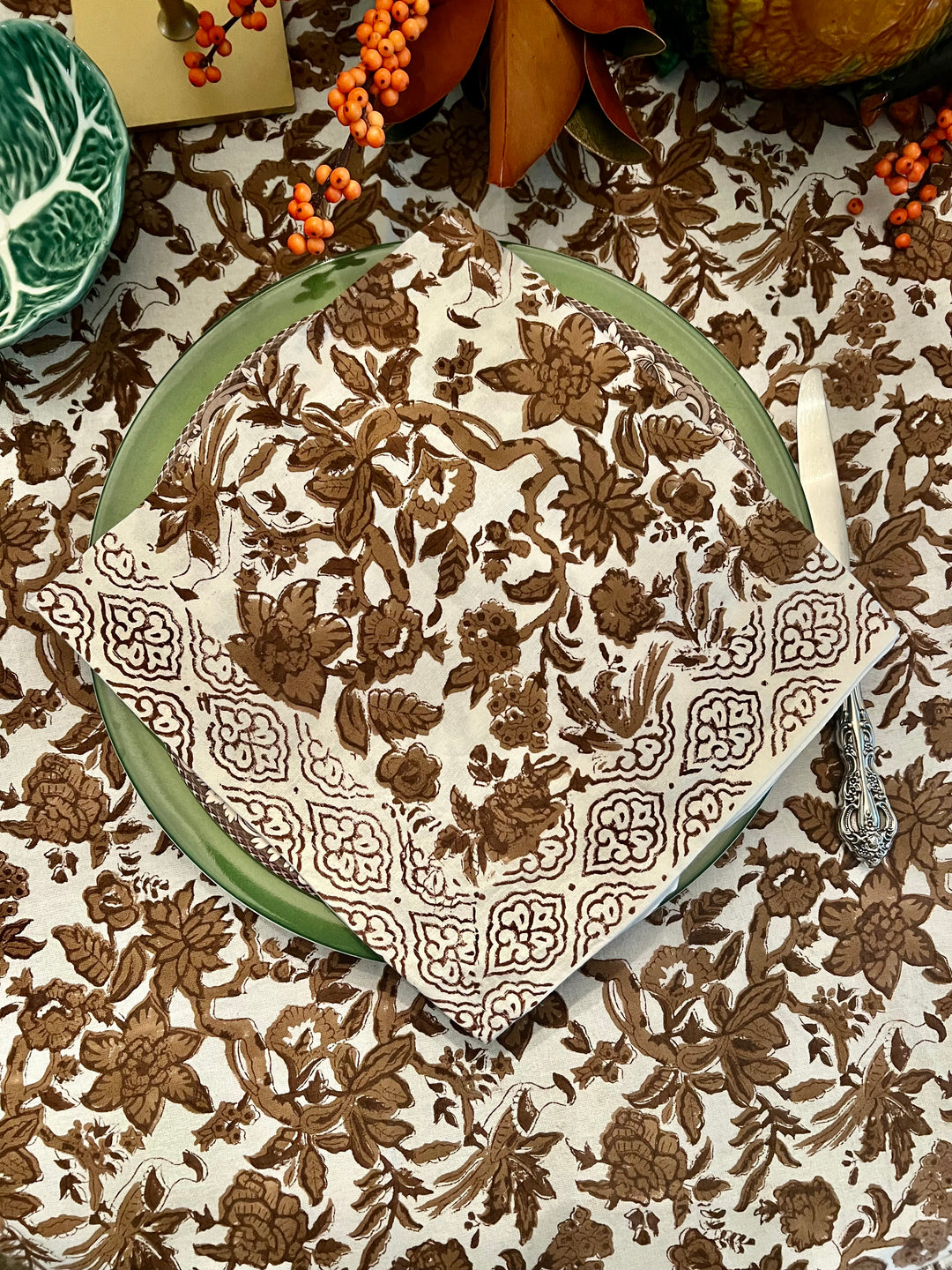 Chestnut Garden Brown &amp; White Block Print Floral Napkin Set |  For the Home - Miss Madigan | Women&