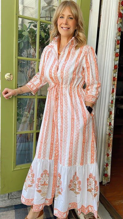 Emory Blockprint Maxi Dress in Coral