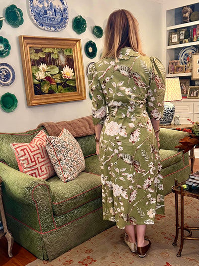 Worth Block Print Scalloped Midi Dress in Green Bird