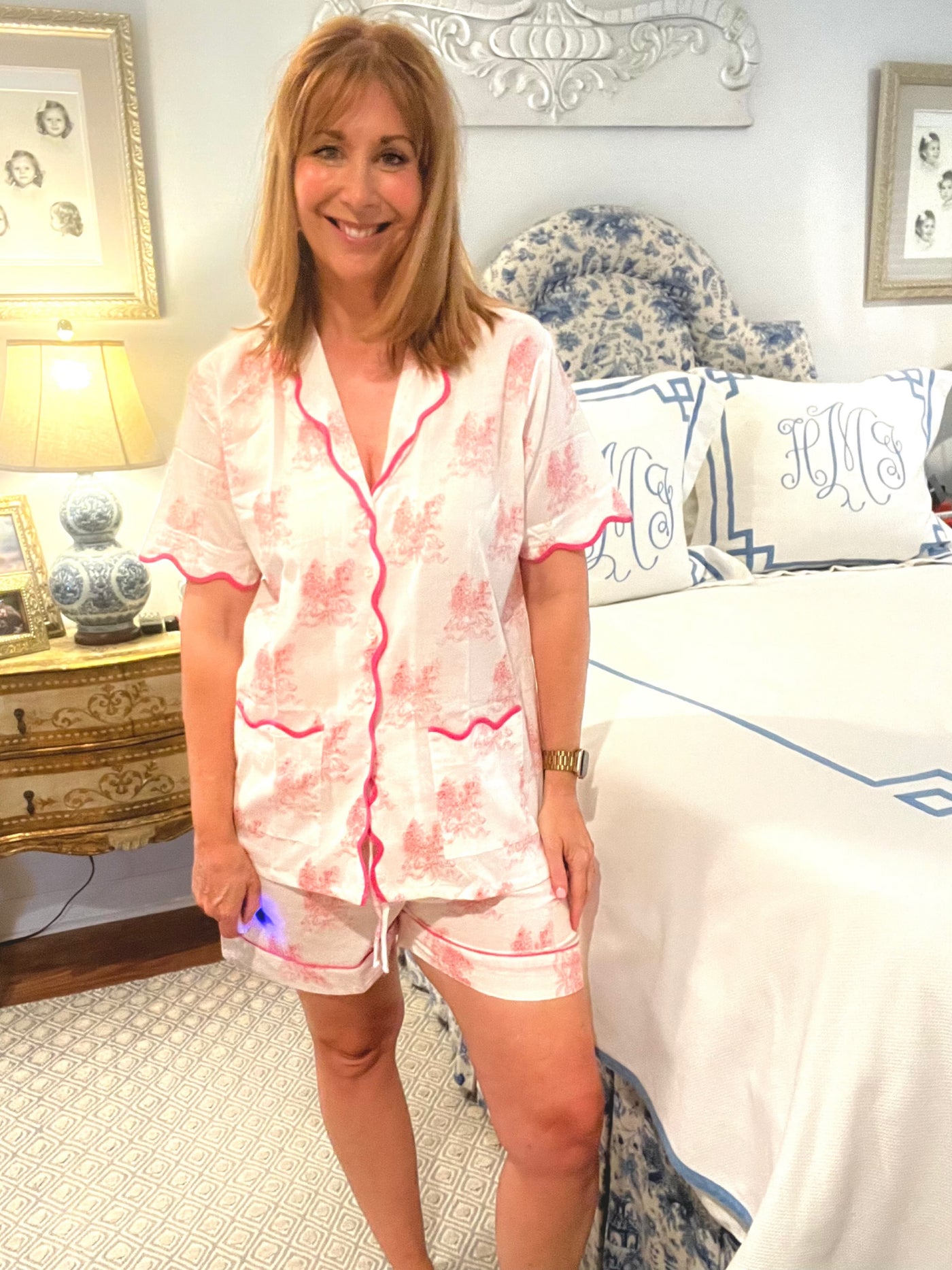 Short Sleeve Scallop Pajama Short Set in Pink Bows