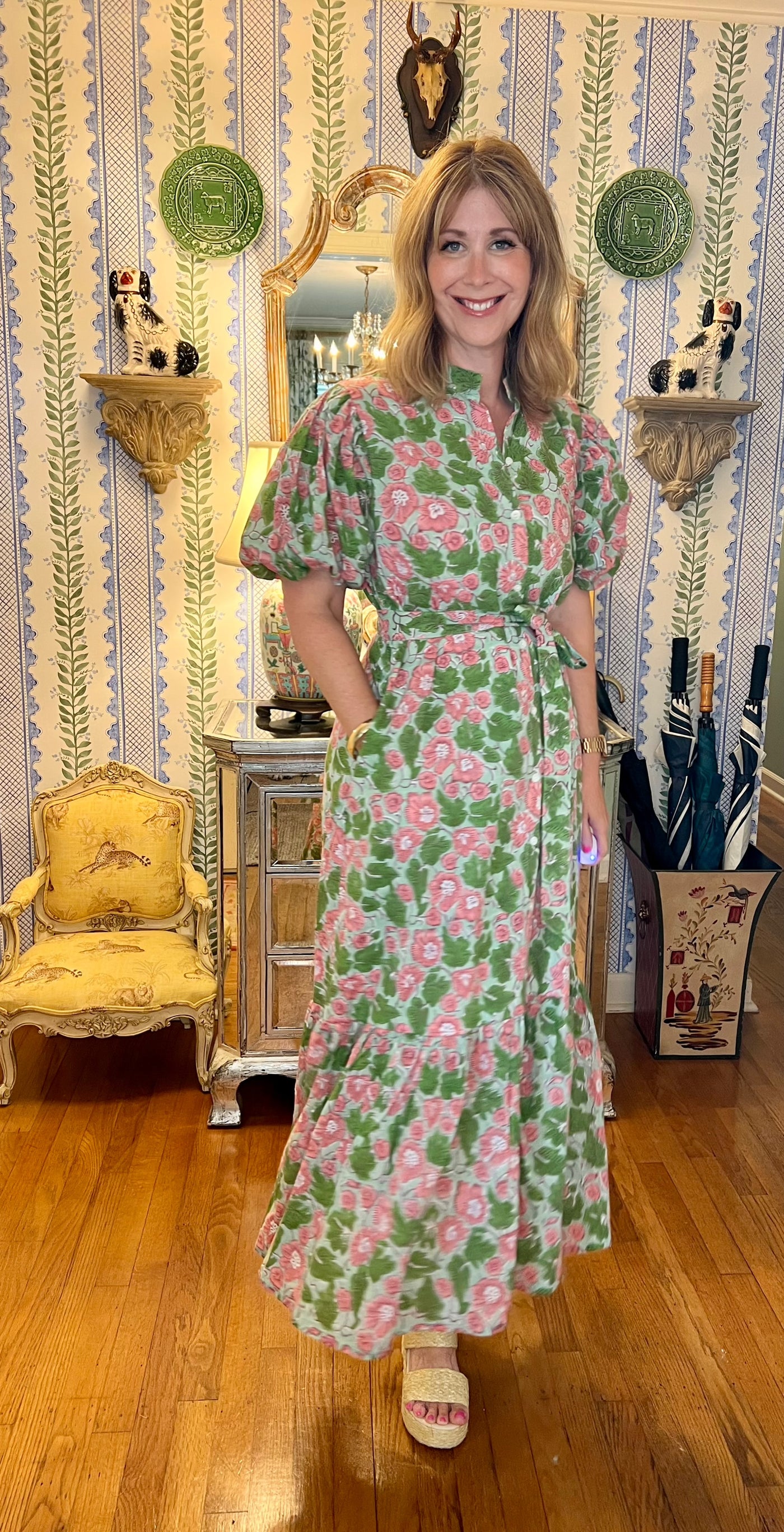 Hinton Floral Block Print Maxi Dress in Geranium