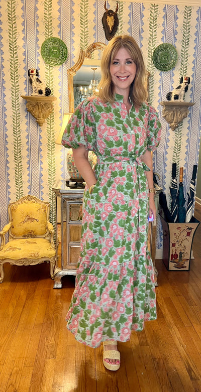 Hinton Floral Block Print Maxi Dress in Geranium