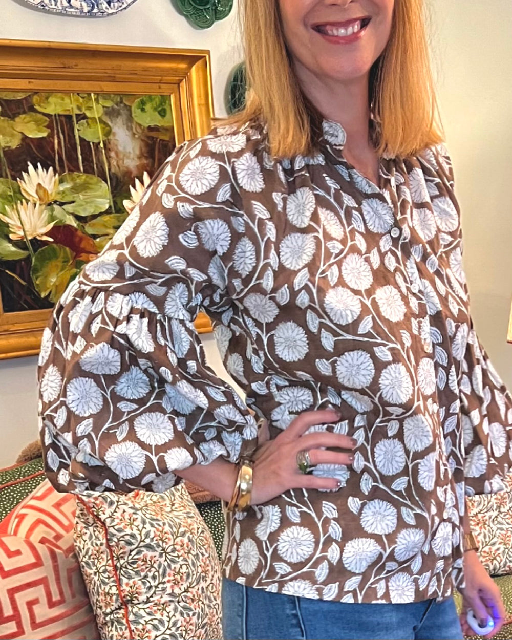 Eloise Block Print Top in Brown |  Shirts & Tops - Miss Madigan | Women's Fashion Boutique