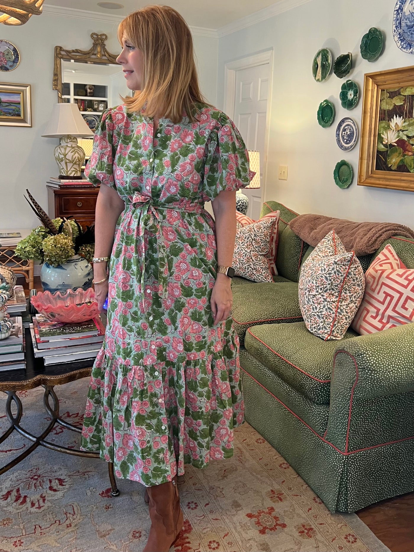 Hinton Floral Block Print Maxi Dress in Geranium