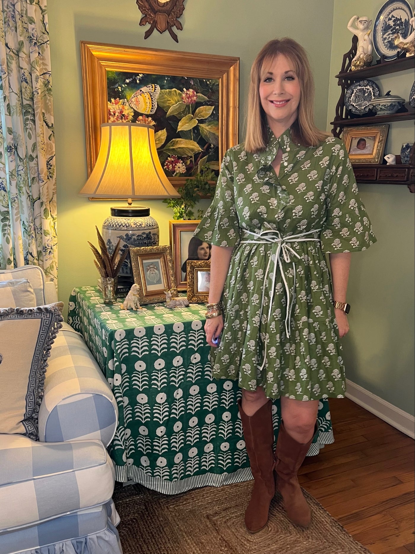 Caroline Ruffled Mini Dress in Green Floral
