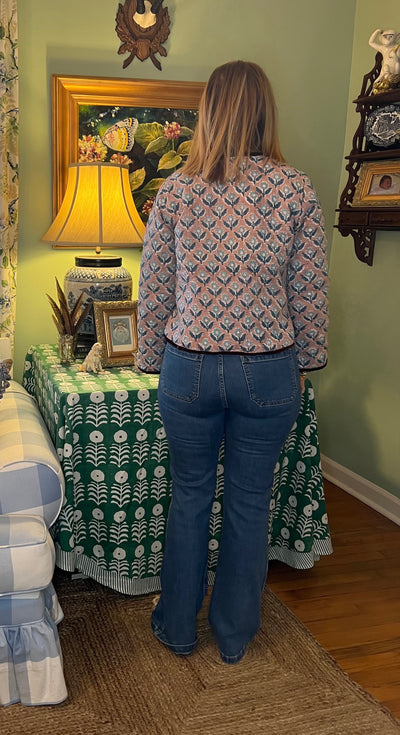 Tatum Quilted Block Print Jacket with Velvet in Blue & Brown