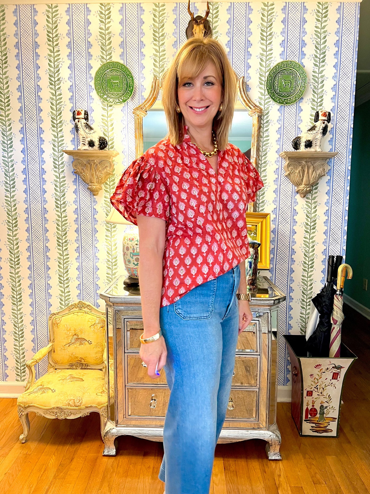 Honey Ruffle Sleeve Block Print Top in Red