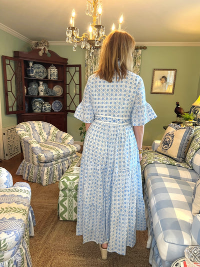 Caroline Ruffled Collar Blockprint Maxi Dress in Blue Basketweave