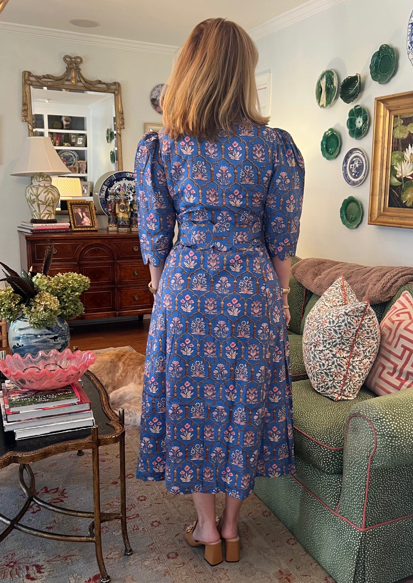 Worth Block Print Scalloped Midi Dress in Blue Chinoiserie