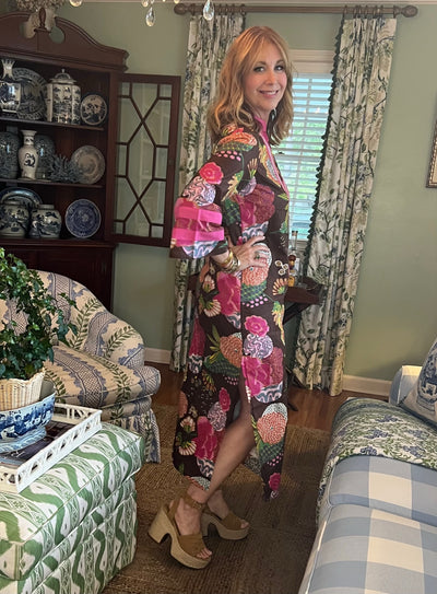 Lucy Collared Caftan Dress in Pink & Brown Floral