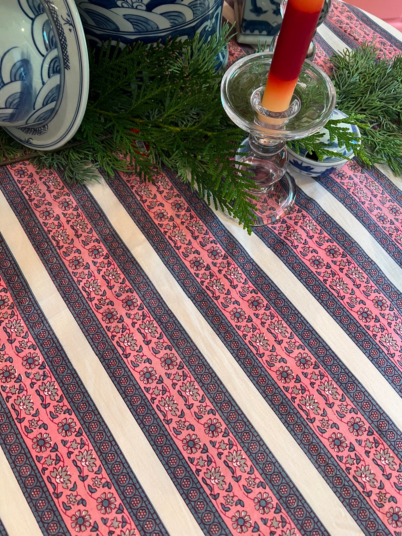 Floral Stripe Blockprint Tablecloth with Contrasting Scallop Trim