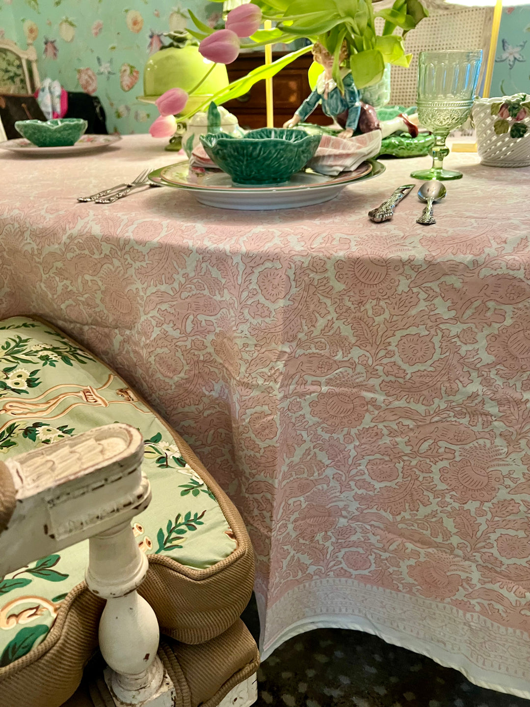 Birds of a Feather Block Print Tablecloth in Pink |  Tablecloth - Miss Madigan | Women&