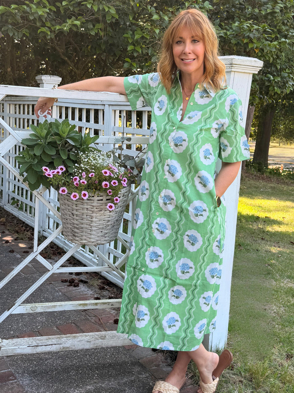Aerin Block Print Cuffed Midi Dress in Green Hydrangea |  Dress - Miss Madigan | Women's Fashion Boutique