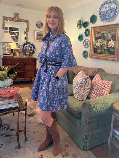 Caroline Ruffled Collar Blockprint Mini Dress in Blue Chinoiserie