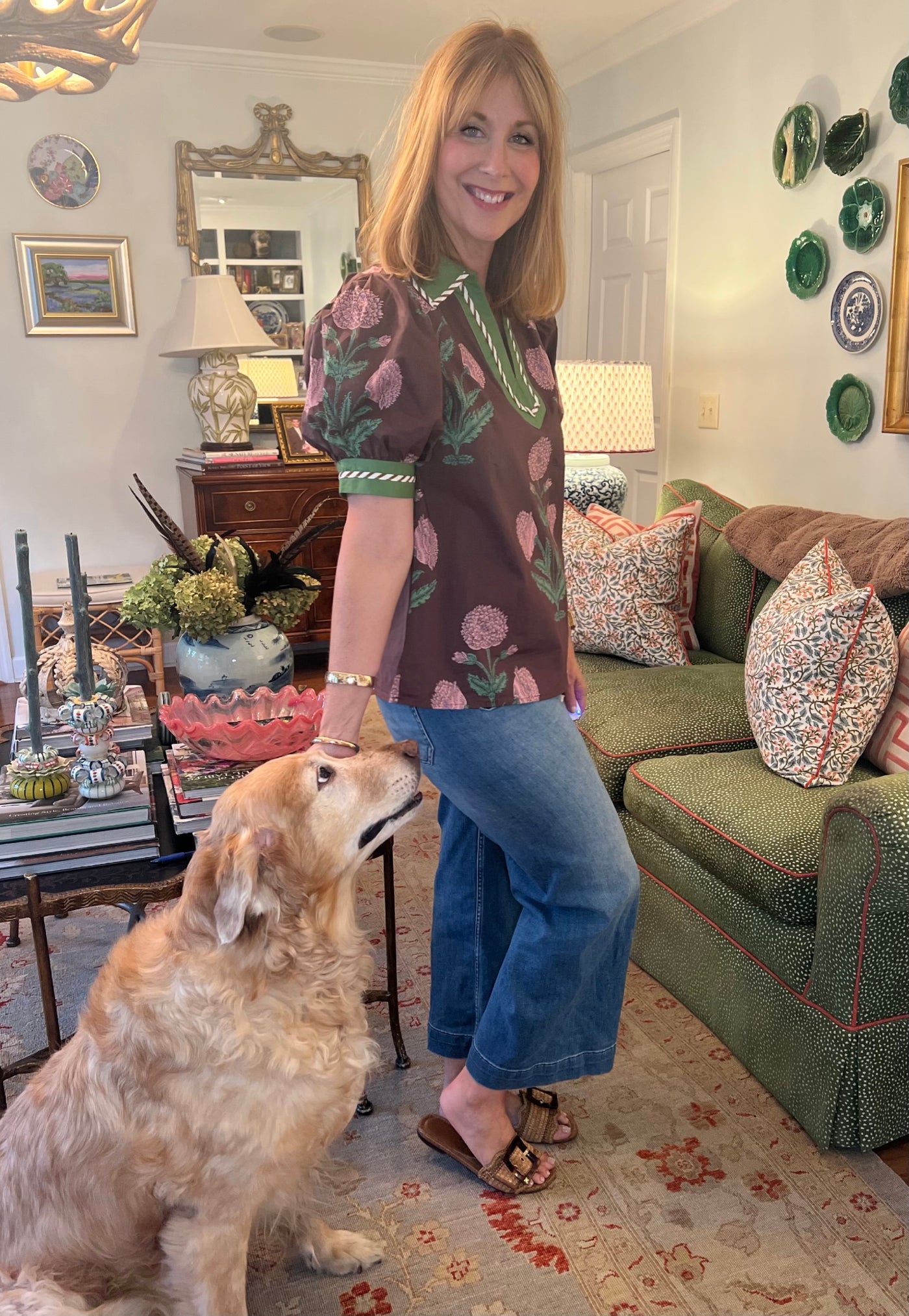 Cecily Floral Top with Trim in Brown