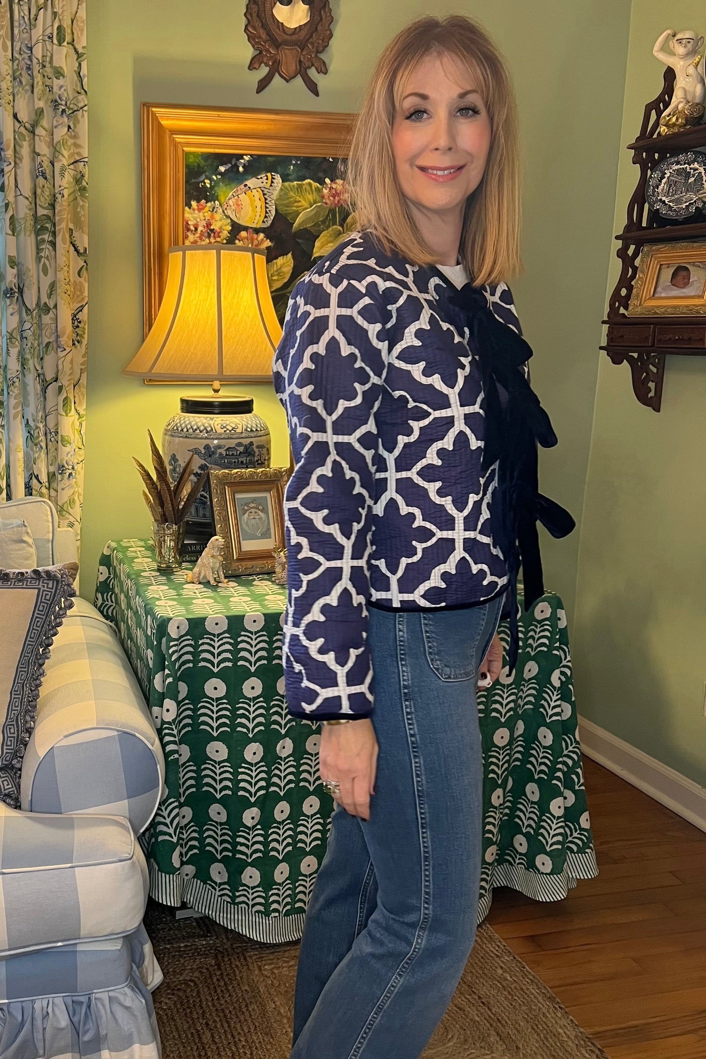 Tatum Quilted Block Print Jacket with Velvet in Blue & White