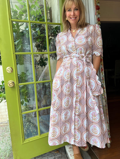 Worth Block Print Scalloped Midi Dress in Brown Floral