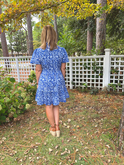 Portofino Block Print Drawstring Mini Dress in Blue