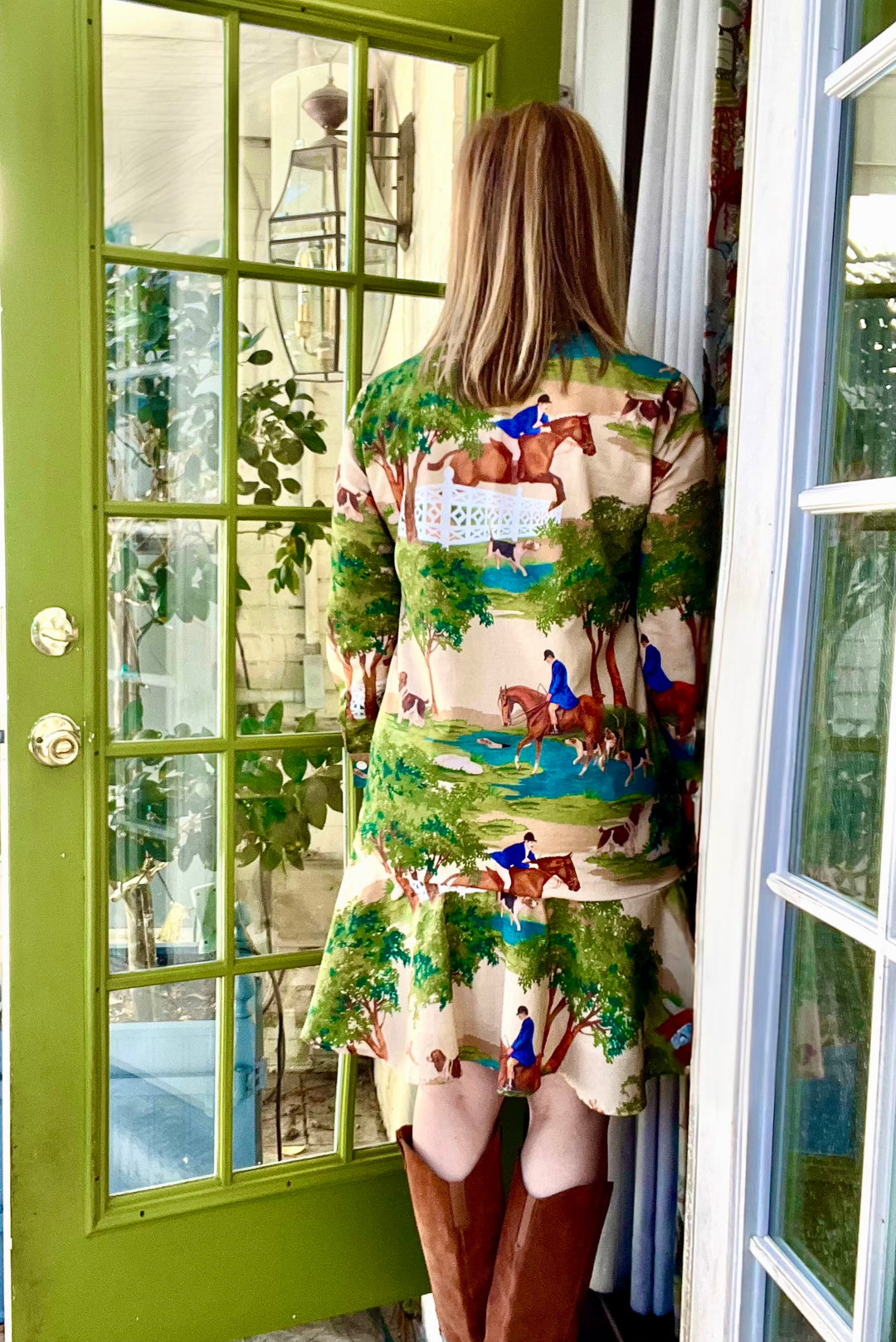 Ophelia Block Print Flounce Mini Dress in Hunt Club |  Dress - Miss Madigan | Women&
