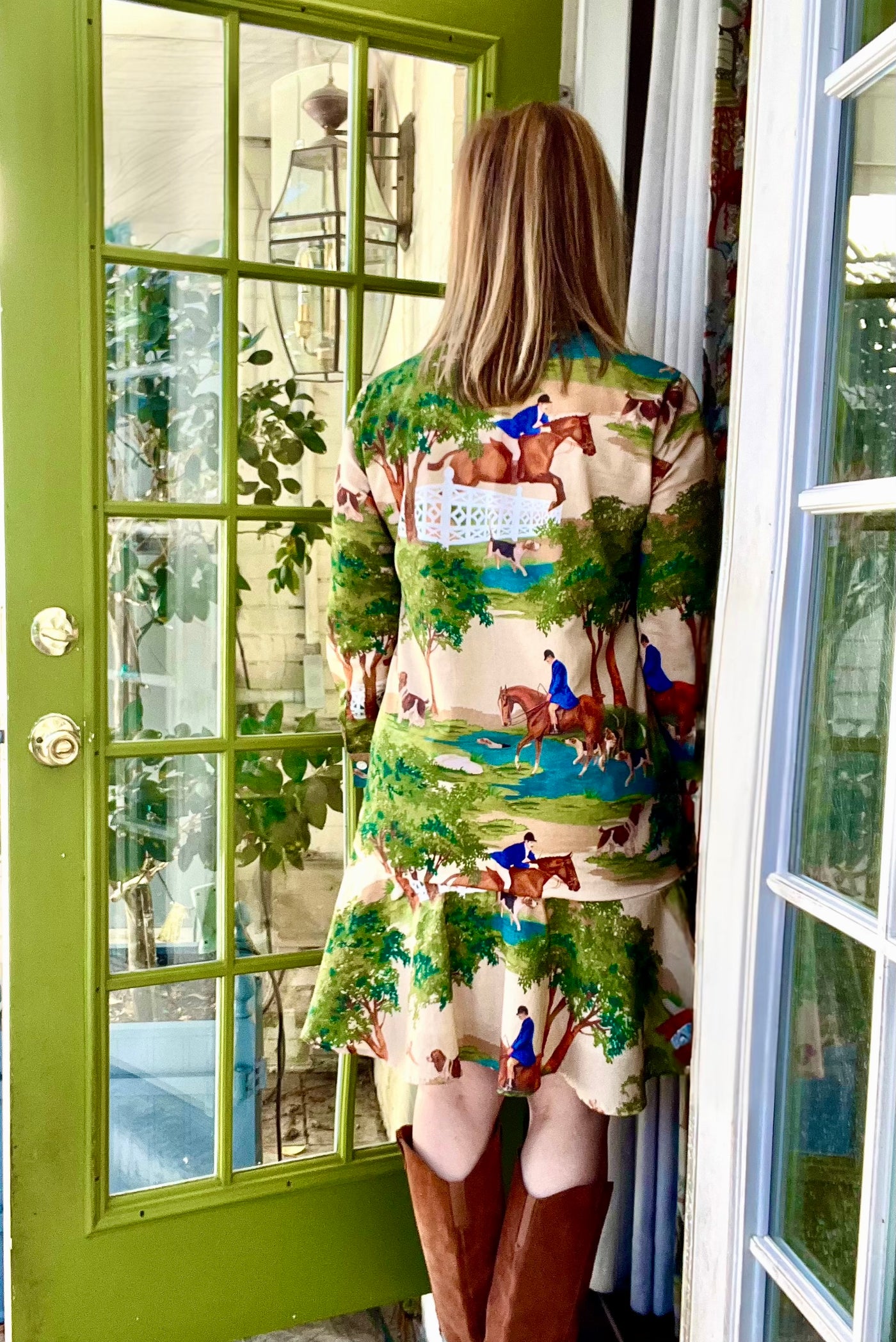 Ophelia Block Print Flounce Mini Dress in Hunt Club