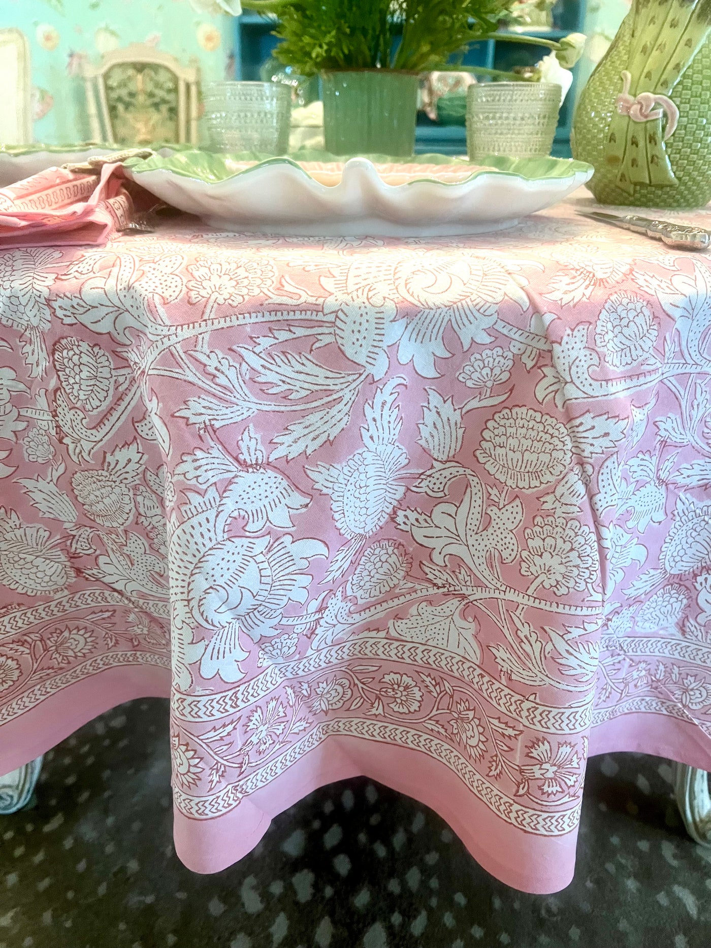 Pink Lotus Floral Blockprint Tablecloth