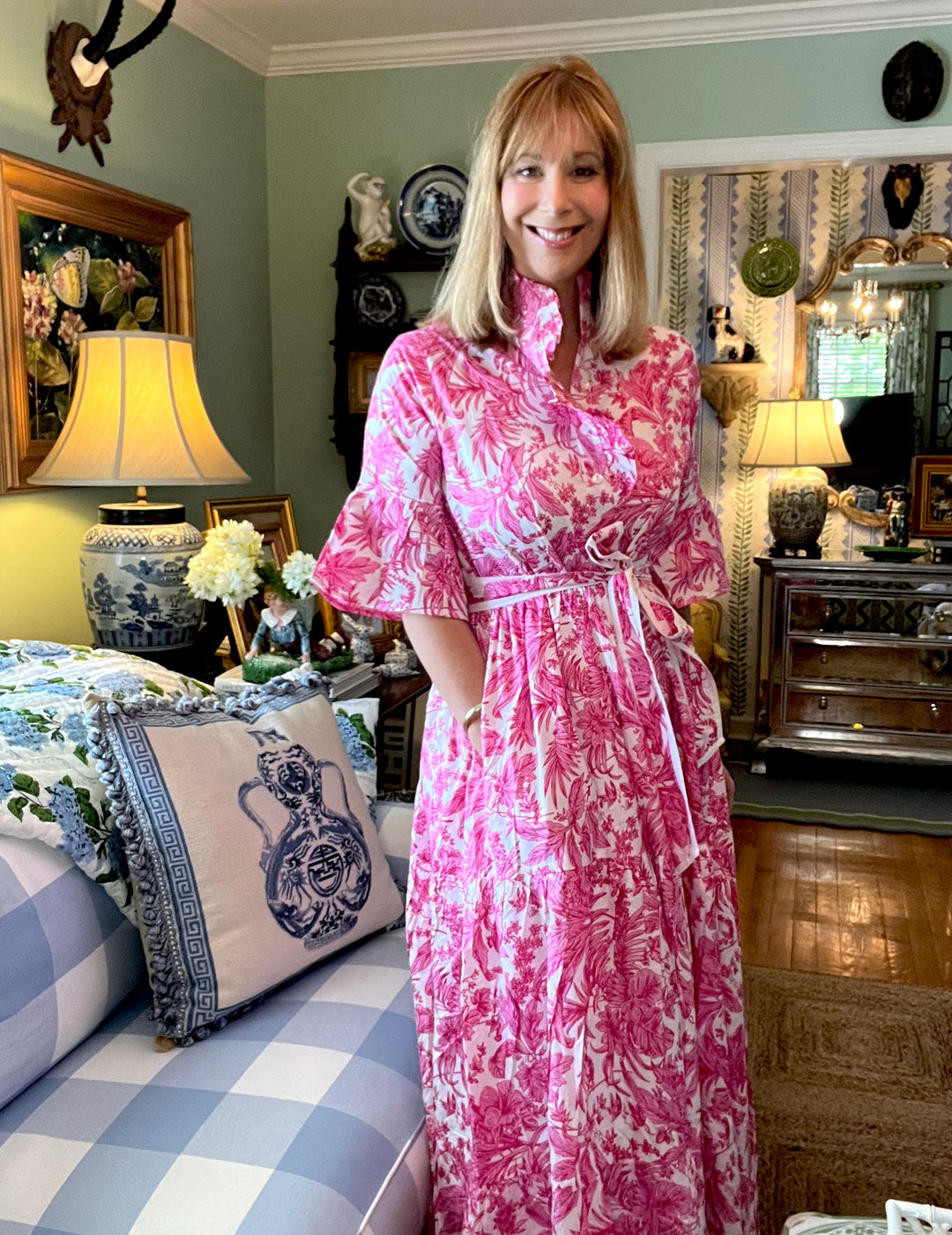 Caroline Ruffled Collar Block Print Maxi Dress in Pink Toile |  Dress - Miss Madigan | Women&