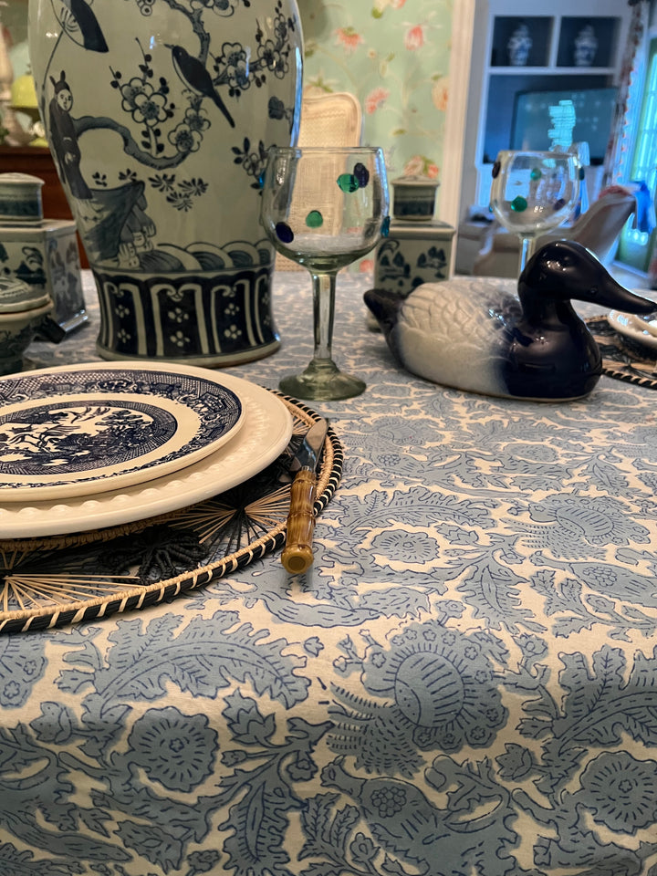 Birds of a Feather Block Print Tablecloth in Light Blue |  Tablecloth - Miss Madigan | Women&