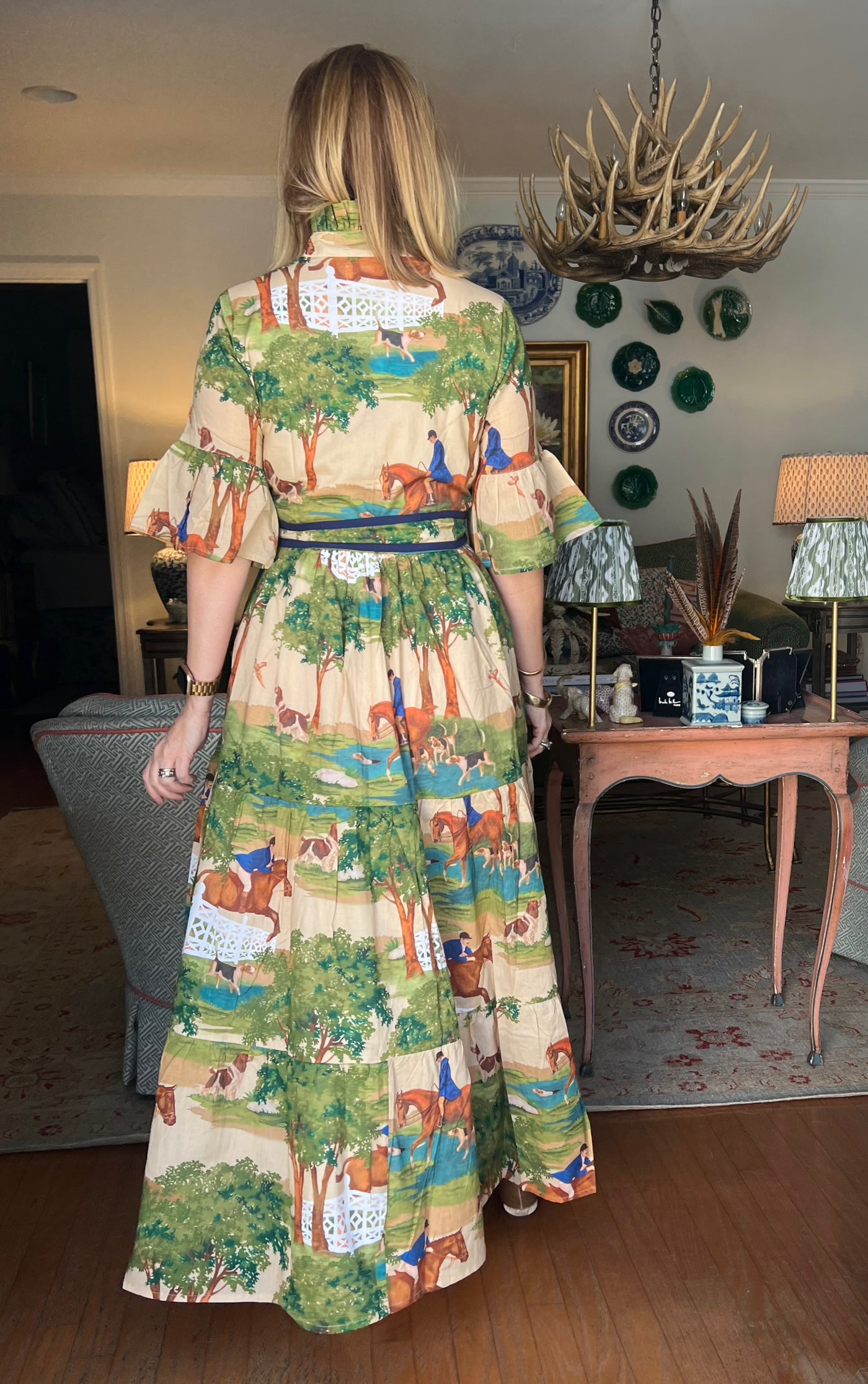 Caroline Ruffled Collar Blockprint Maxi Dress in Hunt Club