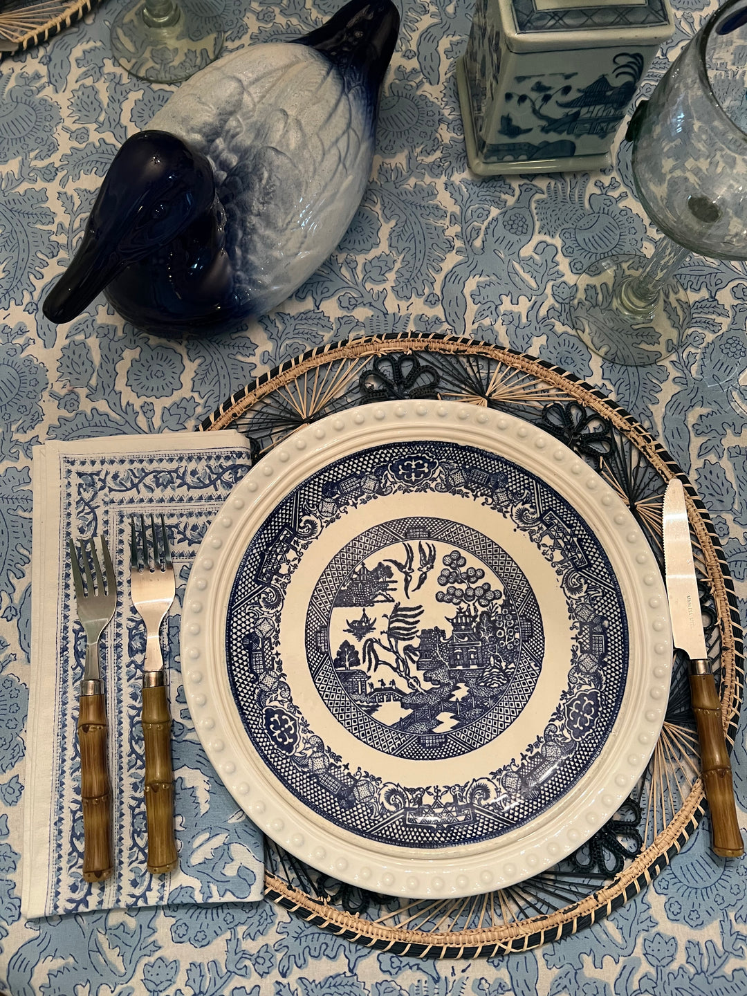 Birds of a Feather Block Print Napkin in Light Blue |  Napkins - Miss Madigan | Women&