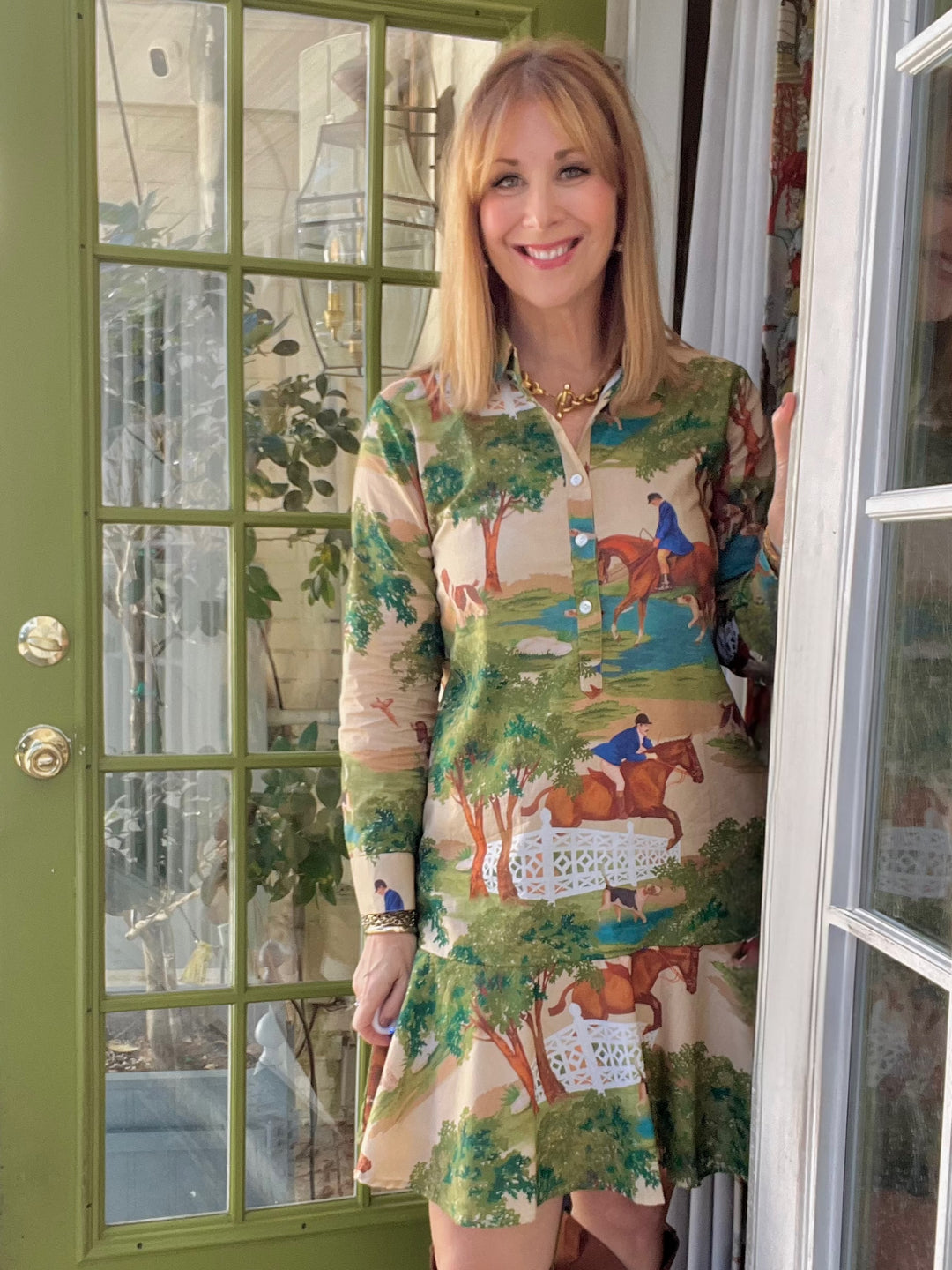 Ophelia Block Print Flounce Mini Dress in Hunt Club |  Dress - Miss Madigan | Women&