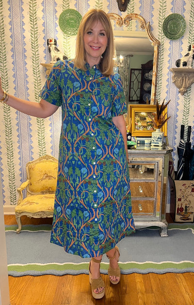 Aerin Block Print Cuffed Midi Dress in Blue Harvest