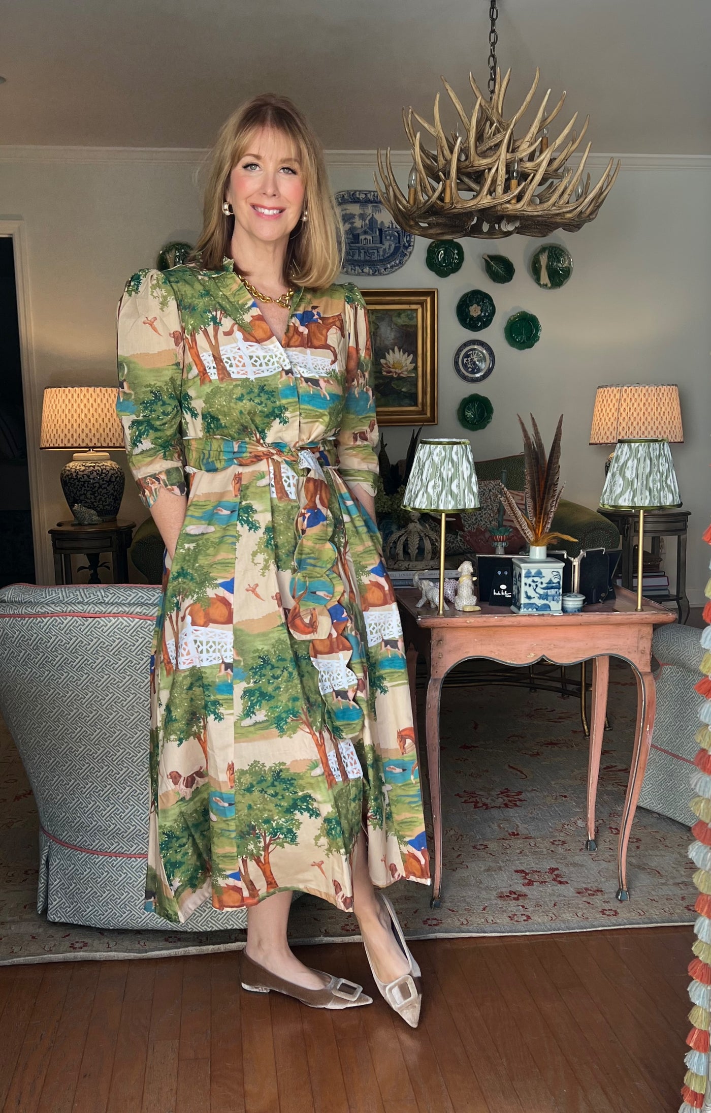 Worth Block Print Scalloped Midi Dress in Hunt Club