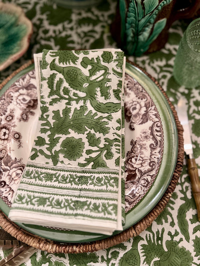 Birds of a Feather Green Bird Block Print Napkin Set