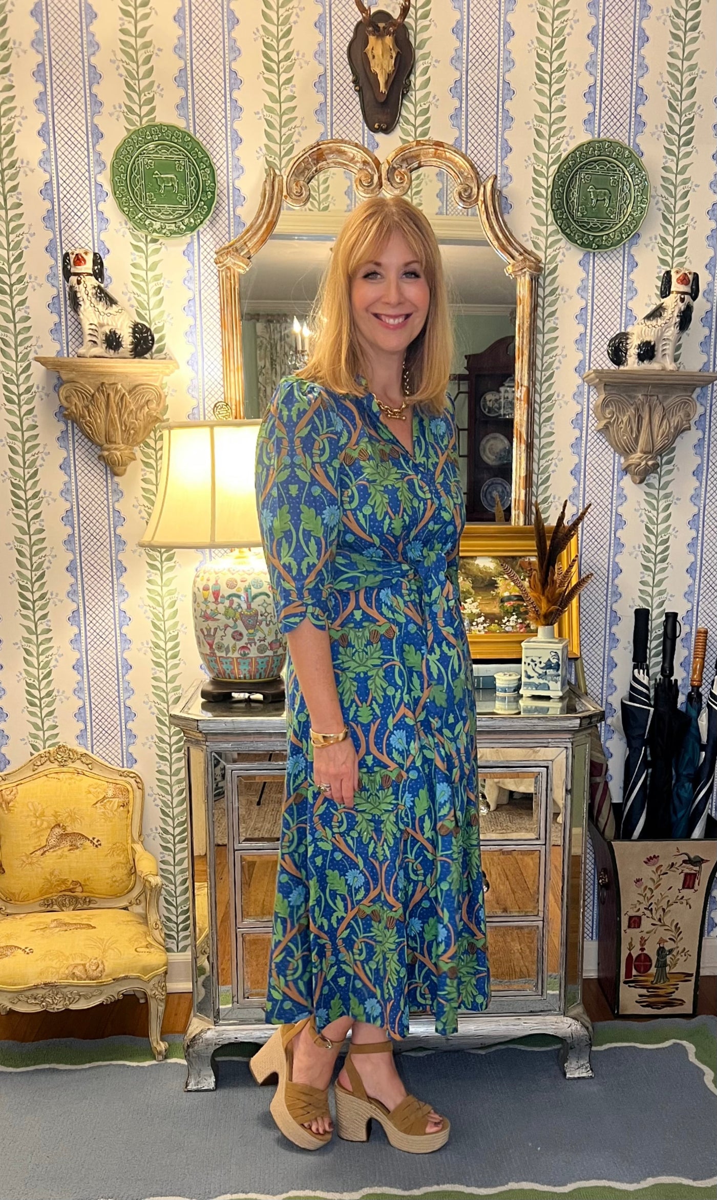 Worth Block Print Scalloped Midi Dress in Blue Harvest