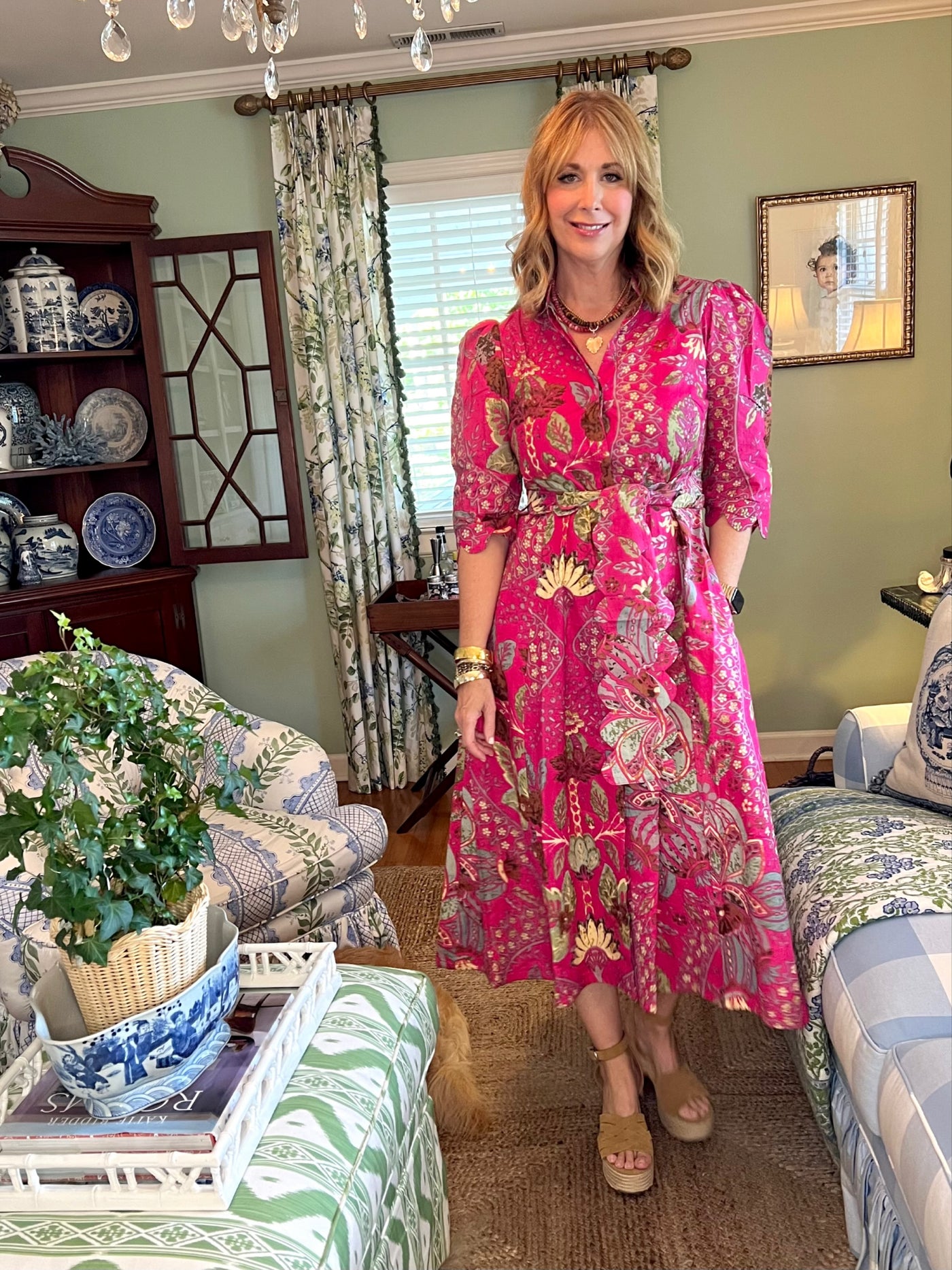 Worth Block Print Scalloped Midi Dress in Pink & Brown