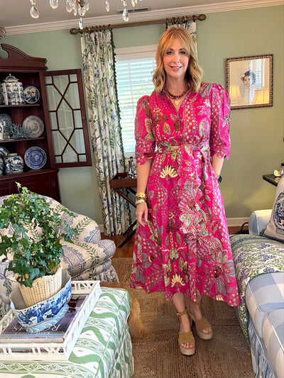 Worth Block Print Scalloped Midi Dress in Pink & Brown