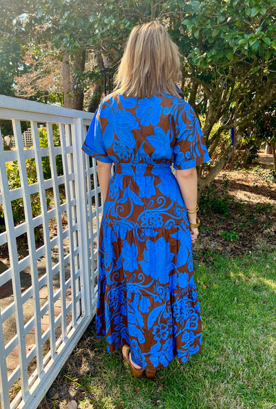 Ofelia Floral Printed Midi Dress in Blue & Brown