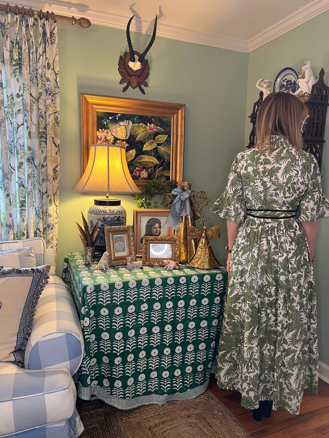 Caroline Ruffled Collar Blockprint Maxi Dress in Green