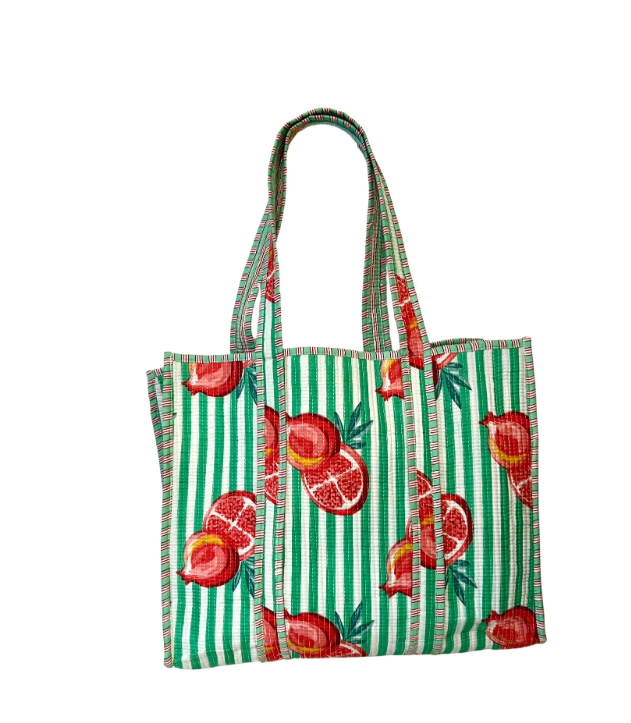 Block Print Green Fruit Quilted Tote