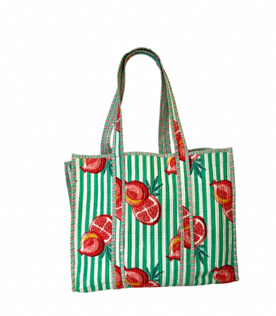 Block Print Green Fruit Quilted Tote