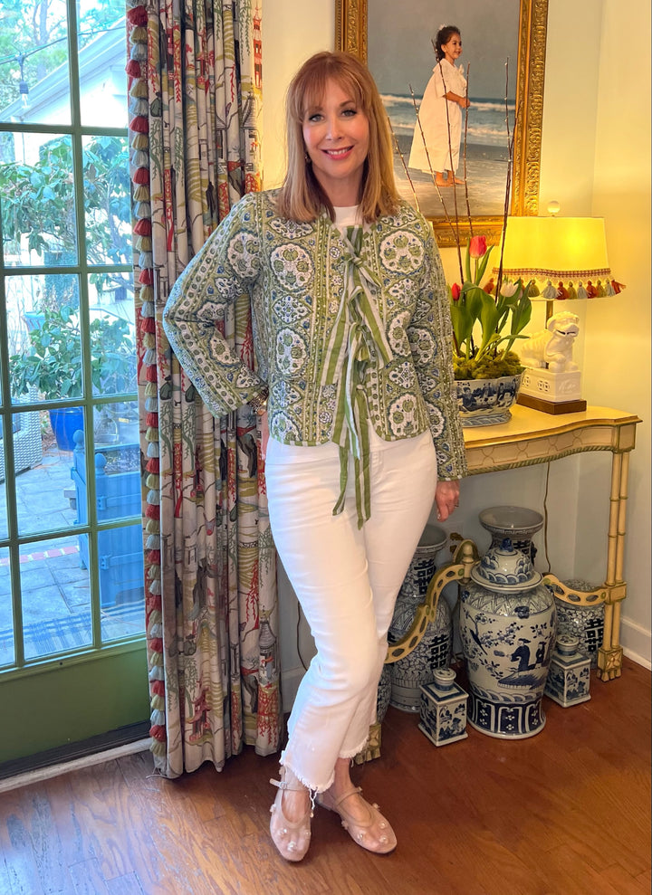 Tatum Quilted Block Print Jacket in Blue &amp; Green Floral |  Jackets - Miss Madigan | Women&