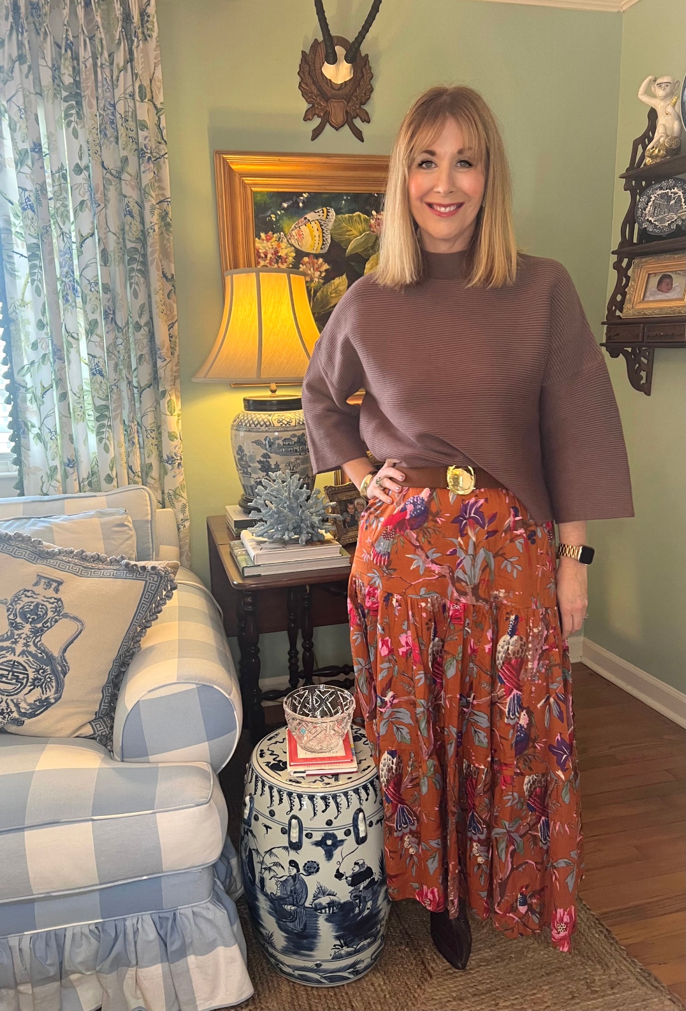 Maria Block Print Maxi Skirt in Birds of a Feather